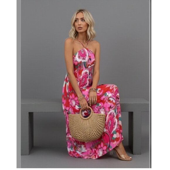 Floral Print Pleated Hem Shirred Halter Neck Dress - Picture 5 of 10